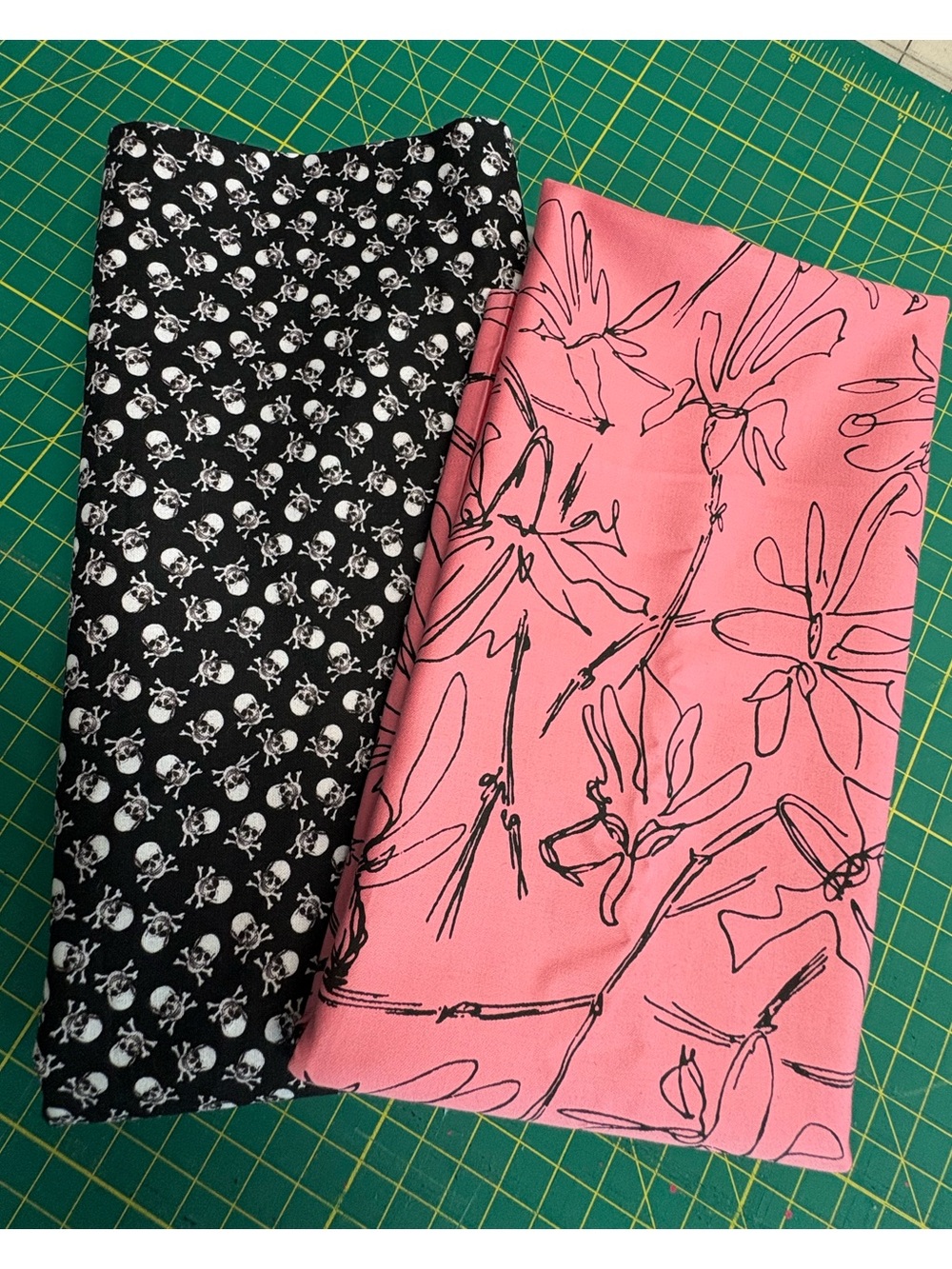Black & White Cotton Skull Print & Pink Floral Cotton Fabric